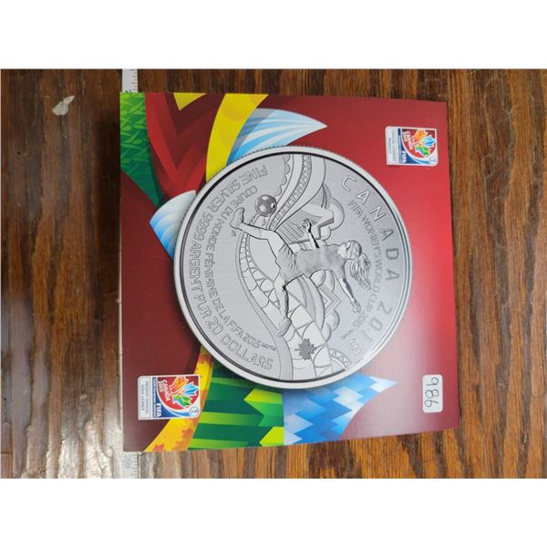 2015 FIFA Women’s World Cup Soccer Silver $20. .9999 pure silver. In folder of issue.