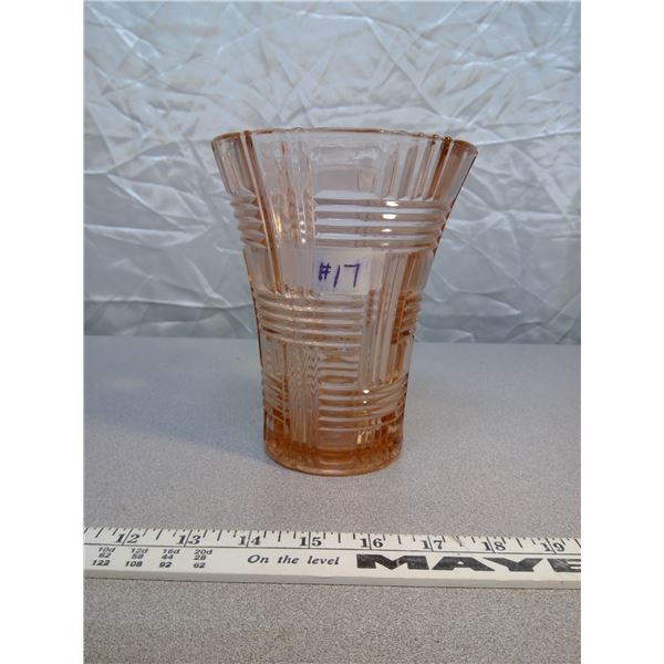 Pink depression glass vase, 7” high, Queen Mary Basket Weave, 1936