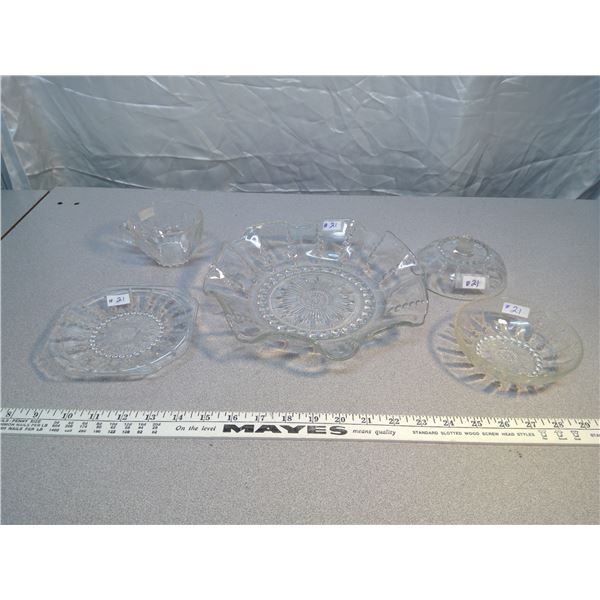 Lot of depression glass, Columbia pattern, 10” bowl, fruit dish, cup, butter lid and saucer