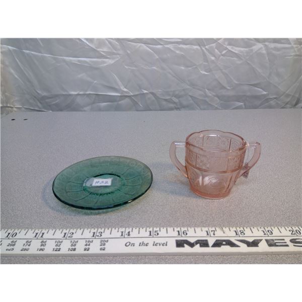 Doric and Pansy, Pretty Polly Child’s dishes, pink sugar, teal saucer, 1937-38