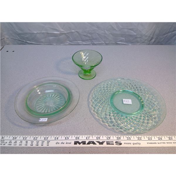 Lot of green depression glass, spiral parfait,1928-30, diamond plate, 8¼”, butter bottom