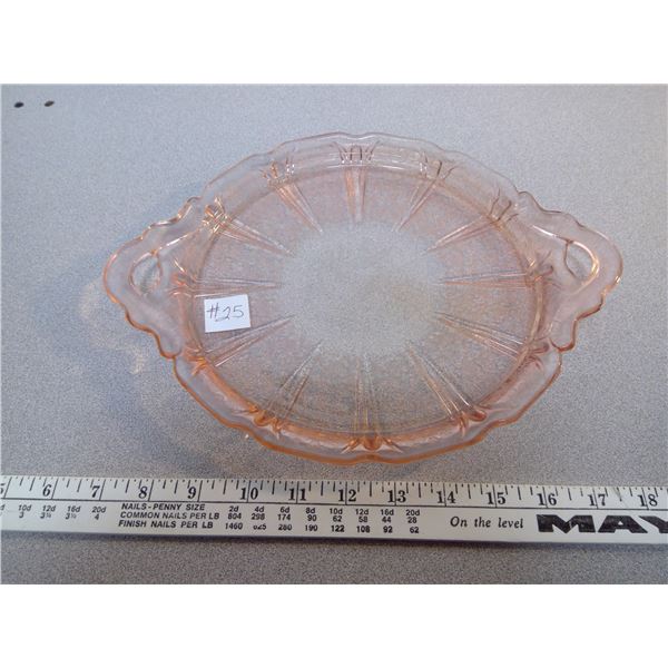 Pink depression glass handled tray, “Cherry Blossom” pattern, 10 ¾” x 13”