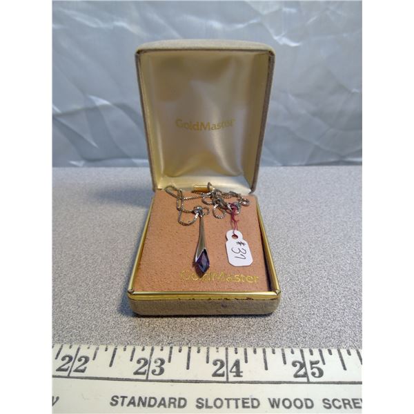 Sterling necklace, 18” with sterling and glass amethyst stone pendant