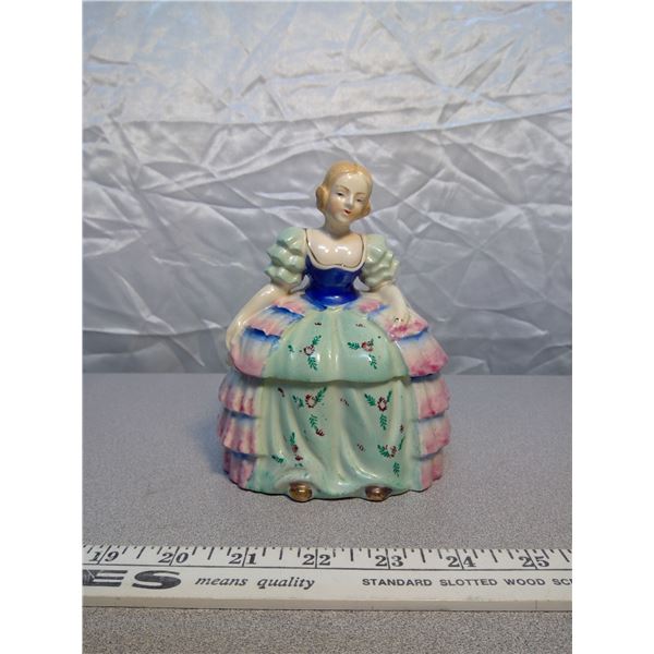 369. Half doll dresser jar, marked “hand painted”