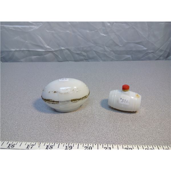371. Milk glass hair pin tray, circa 1890 and milk glass barrel perfume bottle