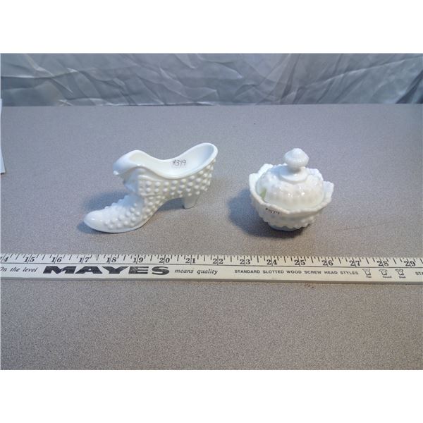 379. Fenton Hobnail jam pot and Lady’s shoe