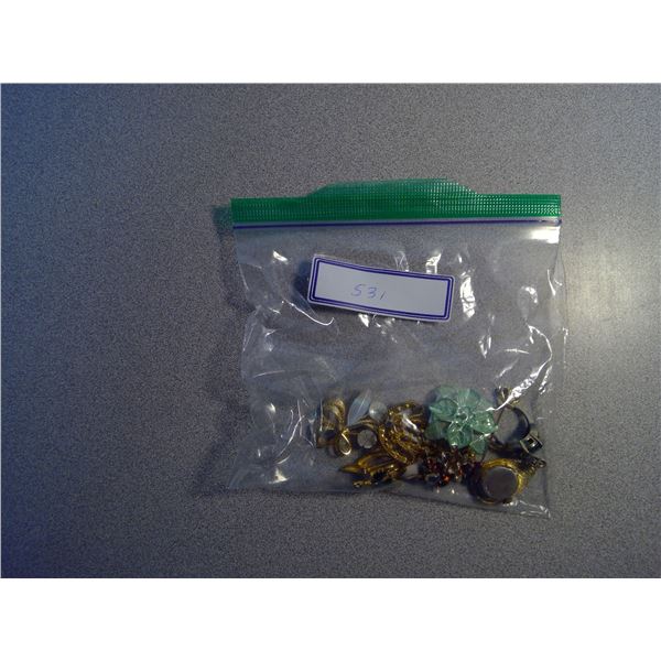 Assorted Brooches & Pins, Ring w/ green Stone & Clock Pendant