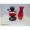 Image 3 : Red Glass Oil Lamp w/ Chimney, 4 Opened Packs Mantle