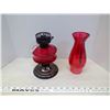 Image 4 : Red Glass Oil Lamp w/ Chimney, 4 Opened Packs Mantle