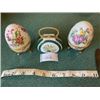 Image 1 : SET OF 3 BONE CHINA FABERGE EGGS/PURSE.  VINTGAGE DESIGNS AND OPEN FOR STORAGE