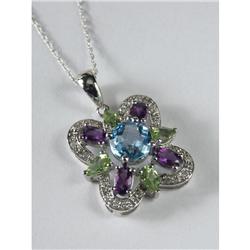 MULTIGEMSTONE & DIAMOND PENDANT & CHAIN 14K GOLD