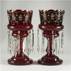 PAIR OF RUBY GLASS VICTORIAN LUSTRES