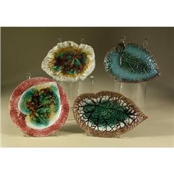FOUR BEGONIA LEAF MAJOLICA PLATES