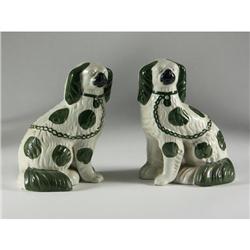 PAIR STAFFORDSHIRE DOGS GREEN SPOTS CHAIN DETAIL