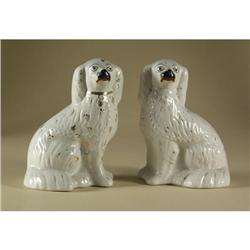 PAIR OF STAFFORDSHIRE SEATED SPANIELS GILT DETAIL