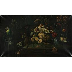 LARGE ANTIQUE OIL PAINTING FLORAL MONKEY PARROT