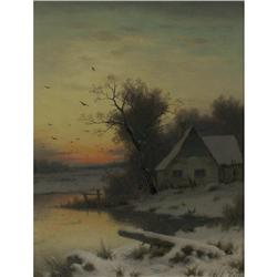 ANTIQUE OIL PAINTING L. HEIN COTTAGE SUNRISE