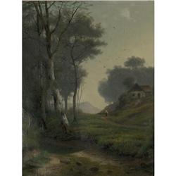 ANTIQUE OIL PAINTING L. HEIN COTTAGE SUNRISE