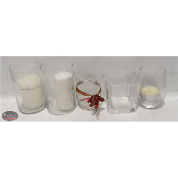 LOT OF 5 ASSORTED GLASS CANDLE HOLDERS