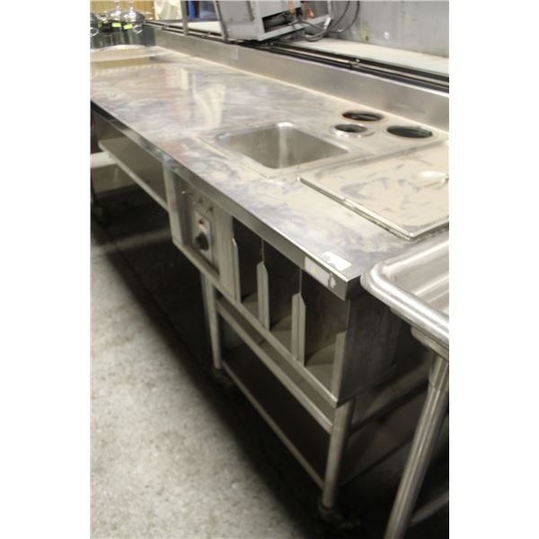 S/S WORK TABLE WITH HOT FOOD WARMERS ON CASTORS