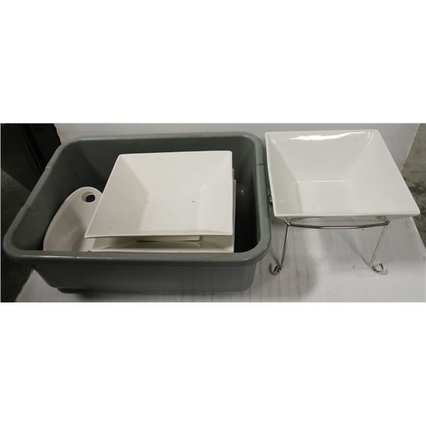BUS BIN WITH ASSORTED SERVING BOWLS /W ONE STAND