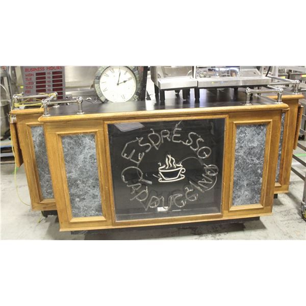 CUSTOM COFFEE BAR WITH NEON SIGN ON CASTORS