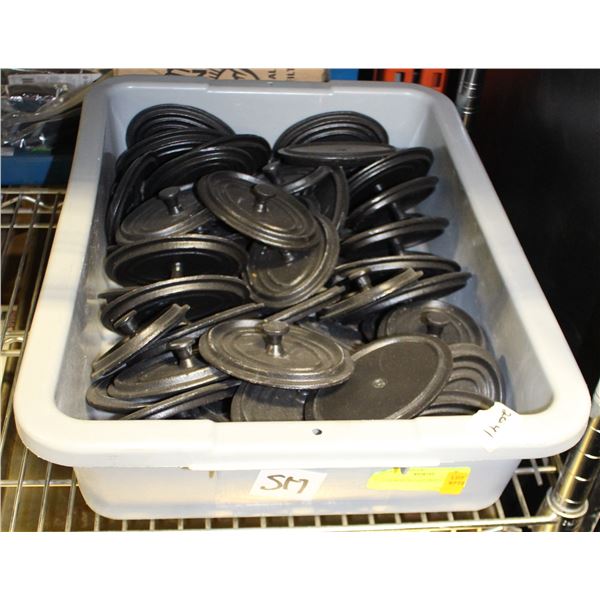 TOTE BOX OF CAST IRON LIDS