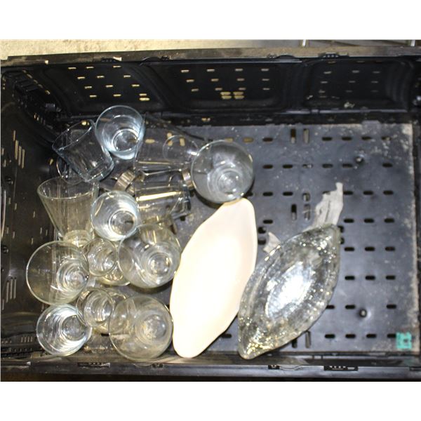 TOTE OF ASSORTED GLASSWARE
