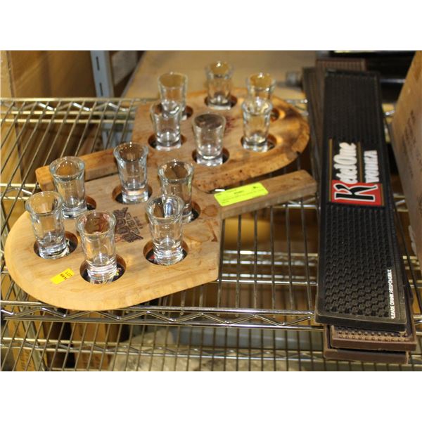 2 TRAYS OF SHOT GLASSES /W 4 BAR MATS