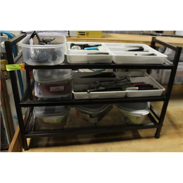 3 TIER STORAGE SHELF /W CONTENTS 32"X12"X23"