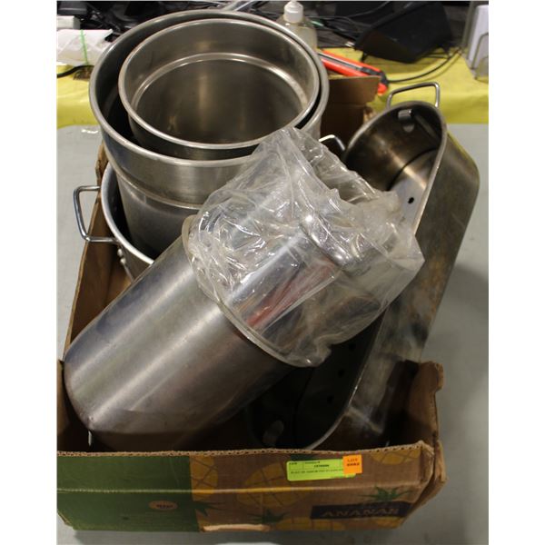 FLAT OF ASSORTED STAINLESS POTS