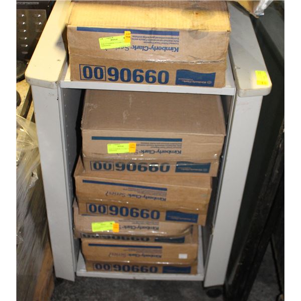 WOODEN SHELVING UNIT ON CASTORS