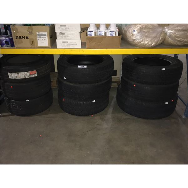 9 ASSORTED SIZED USED VEHICLE TIRES ( CONDITION UNKNOWN )