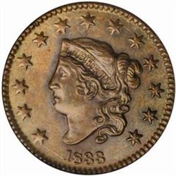 1833 Matron Cent. N-5. Rarity-1. MS64 BN (NGC).