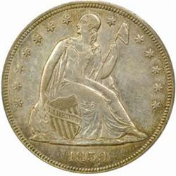1859 Seated Liberty Silver Dollar AU50 (PCGS) OGH