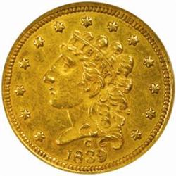 1839-C Classic $2.5 Winter 2B. MS60 NGC.