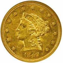 1849-C Liberty $2.5. AU58 (NGC). CAC.