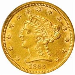 1866-S Liberty $2.5. AU58 (PCGS).