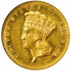 1869 Three-Dollar Gold Piece. AU58 (NGC).