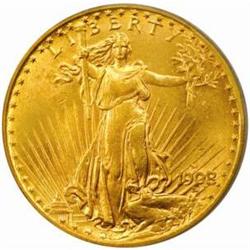 1908-D Saint Gaudens $20. No Motto MS64 PCGS. CAC