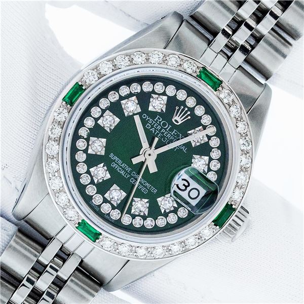 Rolex Ladies Stainless Steel Diamond & Emerald Datejust Wristwatch With Rolex Box