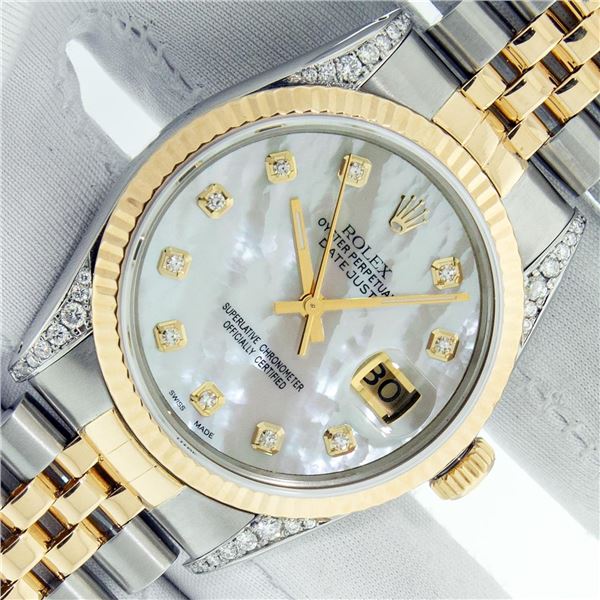 Rolex Men's Two Tone MOP Diamond Datejust Wristwatch with Rolex Box