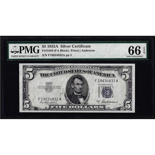 1953A $5 Silver Certificate Note Fr.1656 PMG Gem Uncirculated 66EPQ