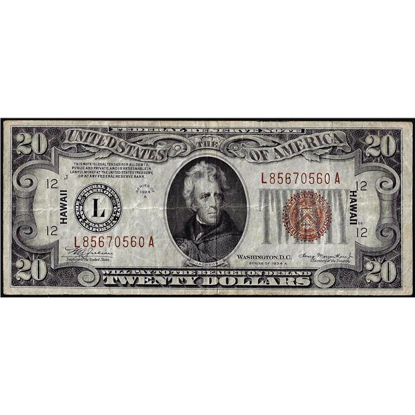 1934A $20 Hawaii WWII Emergency Issue Federal Reserve Note