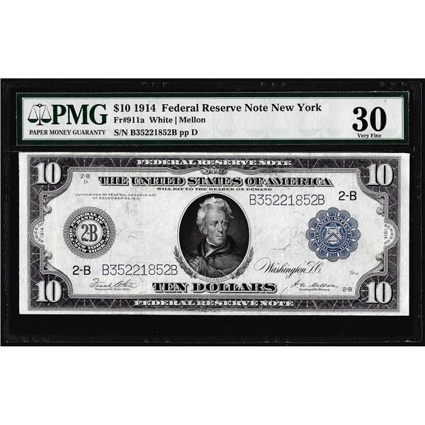 1914 $10 Federal Reserve Note New York Fr.911a PMG Very Fine 30