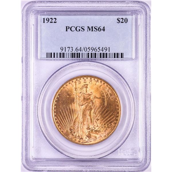 1922 $20 St. Gaudens Double Eagle Gold Coin PCGS MS64