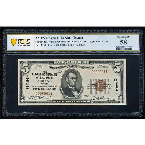 Serial Number 1 - 1929 $5 Eureka, NV CH# 11784 National Bank Note PCGS Choice AU58