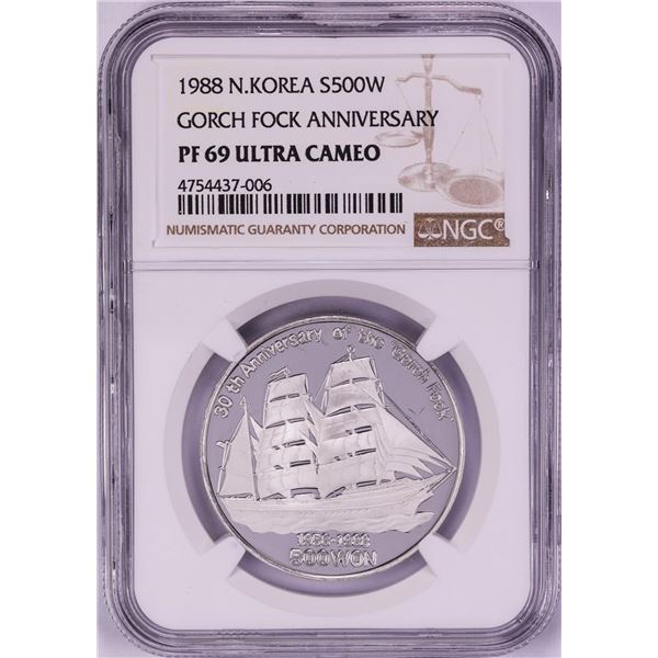 1988 N. Korea 500 Won Proof Gorch Fock Anniversary Silver Coin PF69 Ultra Cameo