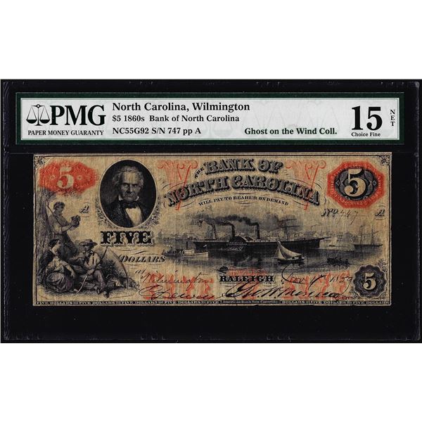 1860's $5 Bank of North Carolina Wilmington Obsolete Note PMG Choice Fine 15 Net