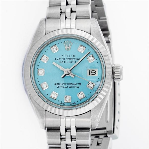 Rolex Ladies Stainless Steel Ice Blue Diamond Datejust Wristwatch